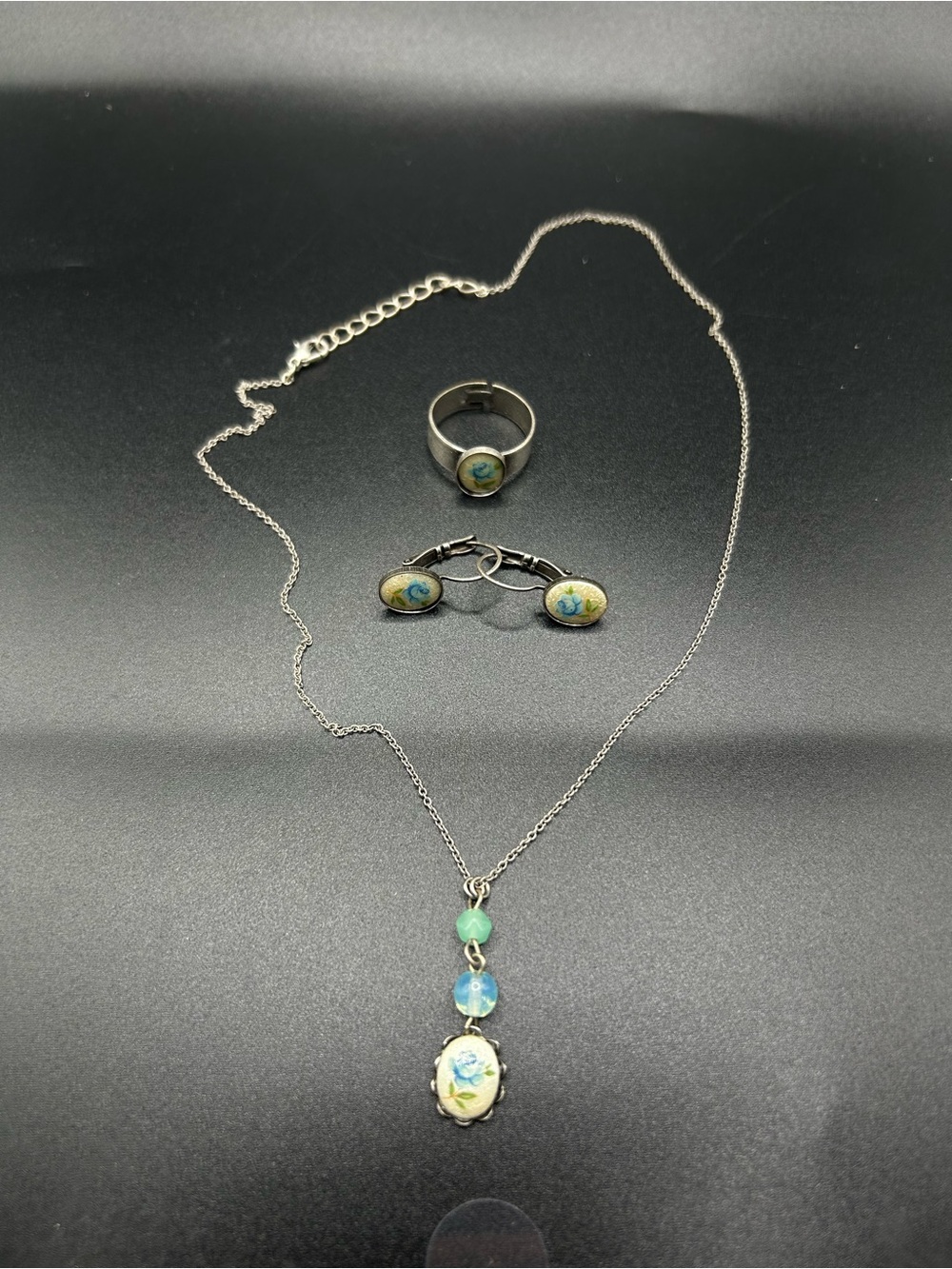 Dainty Blue Flower Pendant Necklace, Ring & Earring Set - Orna Collection